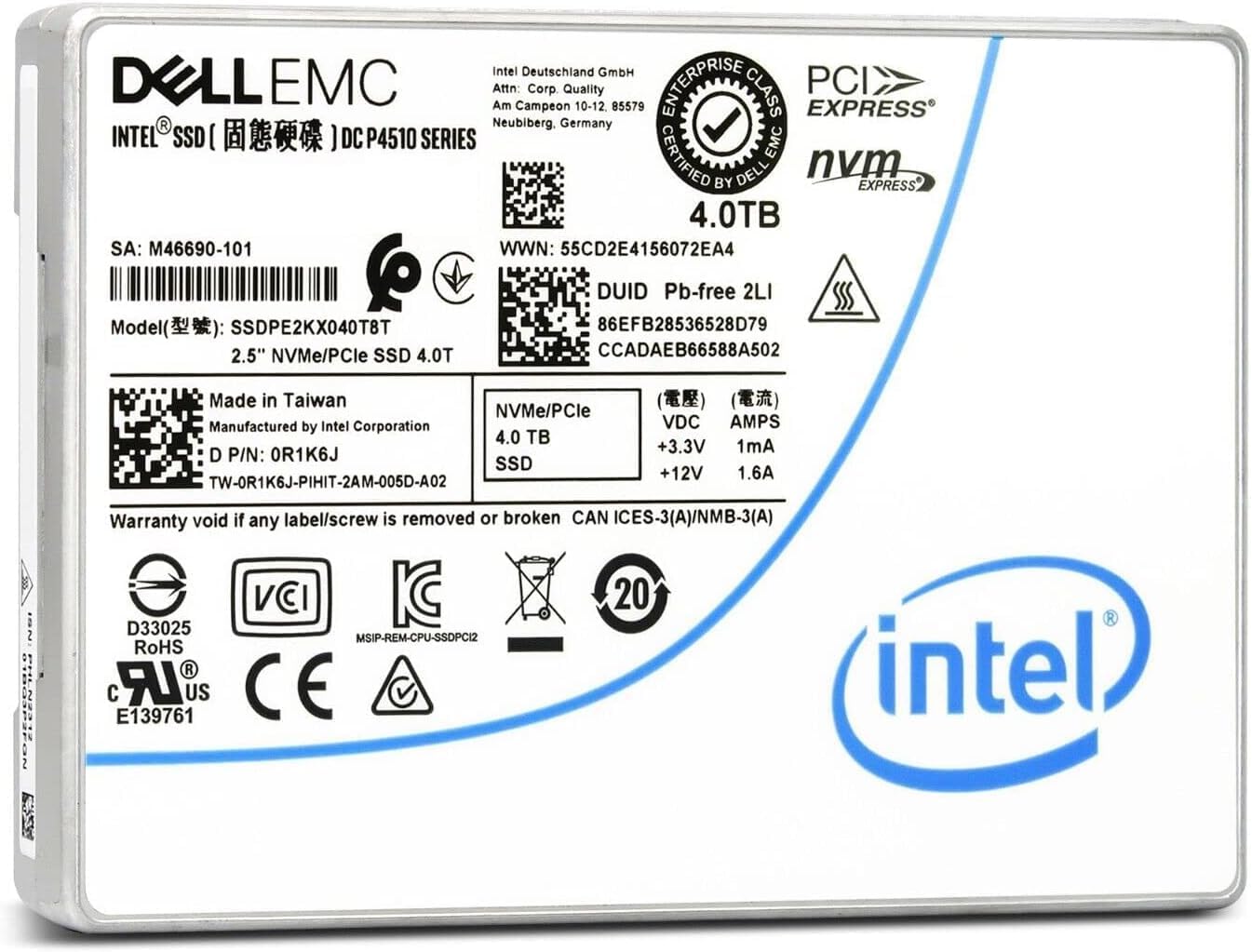 Dell Intel P4510 4TB PCIe Gen3 x4 NVMe U.2 2.5-inch Enterprise SSD - SSDPE2KX040T8TP